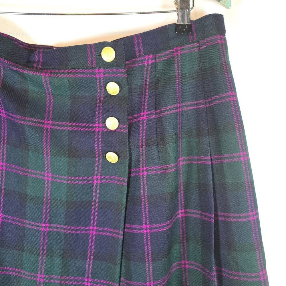 Vtg 90's Valerie Stevens Plaid PURE WOOL Pleated Button Green Purple Skirt - Picture 3 of 8